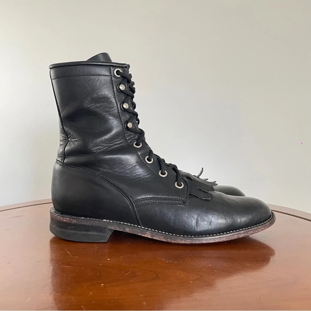 Justin Boots Black Leather Lace-Up Women’s Boots - Picture 3 of 8